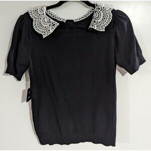 Select+Trend Black Collar Cropped Sweater with 3/4 Puff Sleeves Size Medium